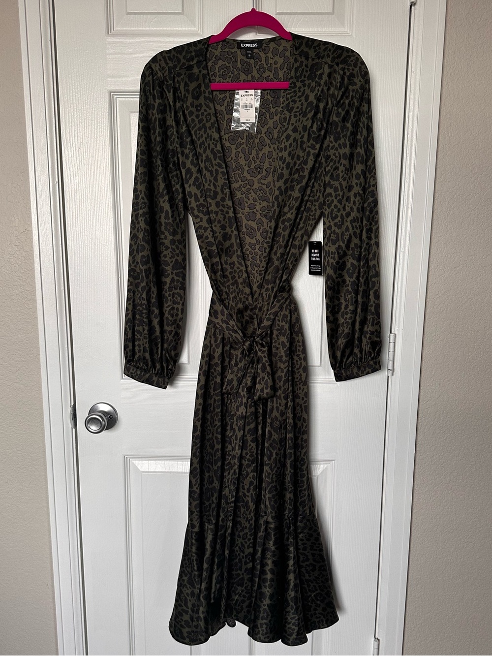 Express Olive Green Animal Print Wrap Dress